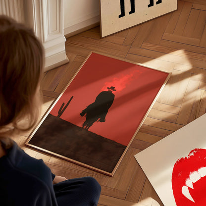 Burning Rider Poster | Coral and Slate Screen Print Art Print | Western Wall Art — styled in an interior