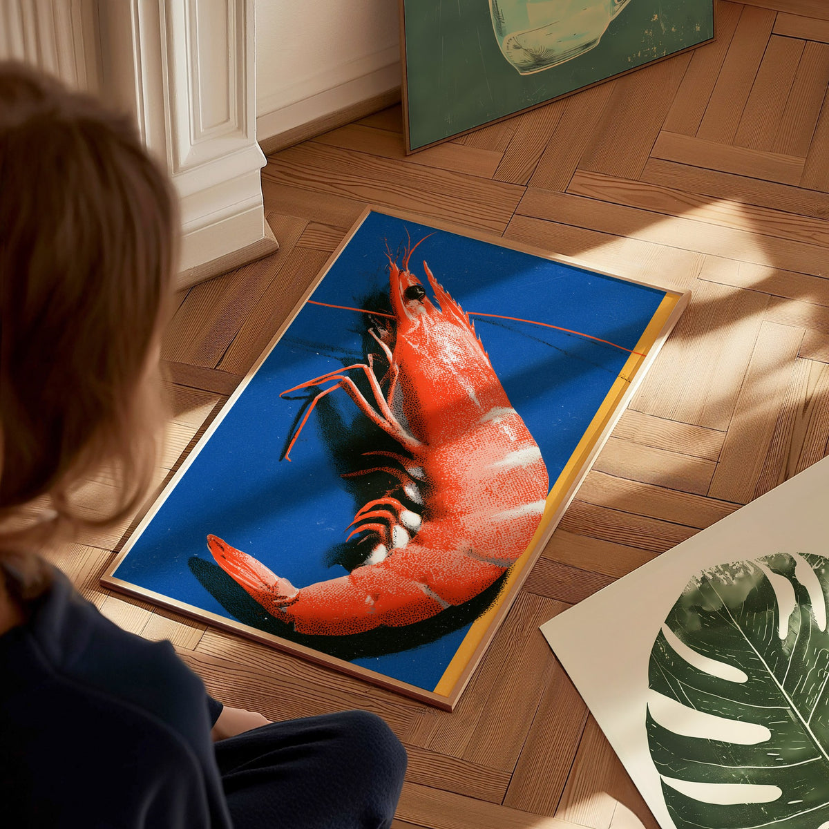prawn-on-blue Poster | Blue and Orange Screen Print Art Print | Kitchen Wall Art — styled in an interior
