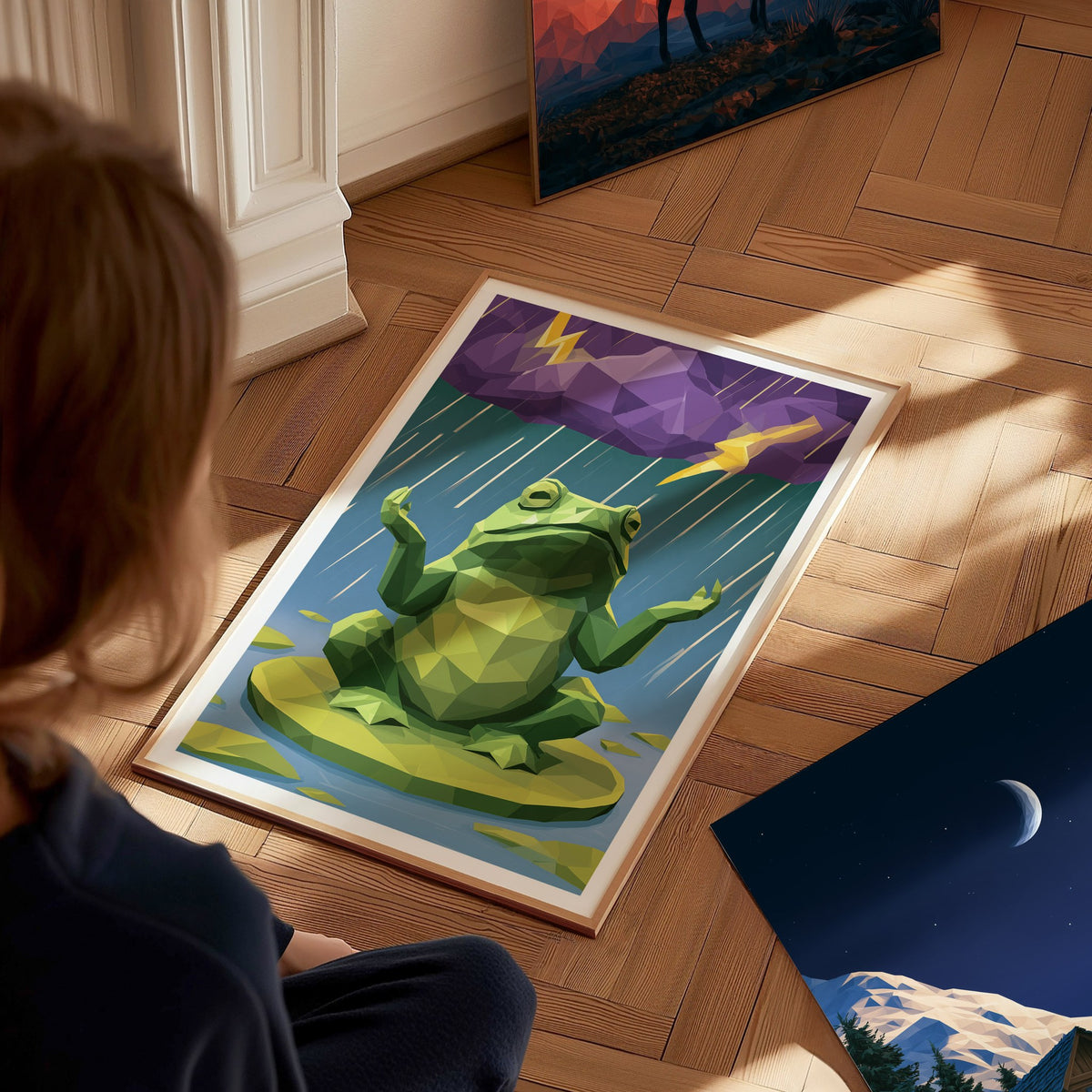 Toad Conducts Rain Poster | Green and Purple Low Poly Art Print | Kids Room Wall Art — styled in an interior