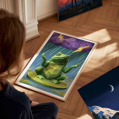 Toad Conducts Rain Poster | Green and Purple Low Poly Art Print | Kids Room Wall Art — styled in an interior