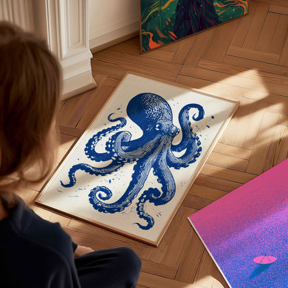 Octopus Unfurls Poster | Cobalt Blue Screen Print Art Print | Coastal Wall Art — styled in an interior