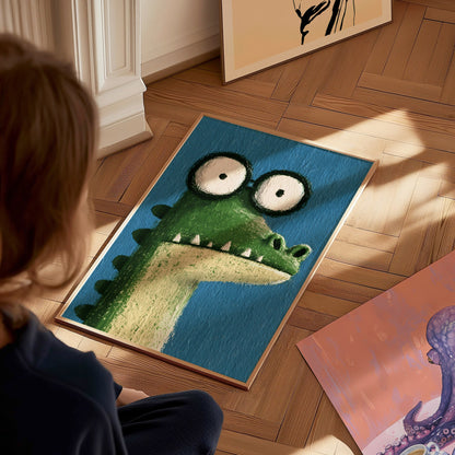 Wide-eyed Crocodile Poster | Green and Cobalt Illustrative Art Print | Kids Room Wall Art — styled in an interior