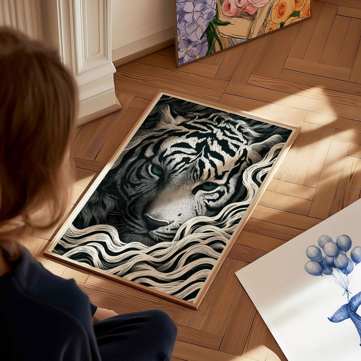 White Tiger Surfaces Poster | Black and Cream Pen and Ink Art Print | Dark Academia Wall Art — styled in an interior