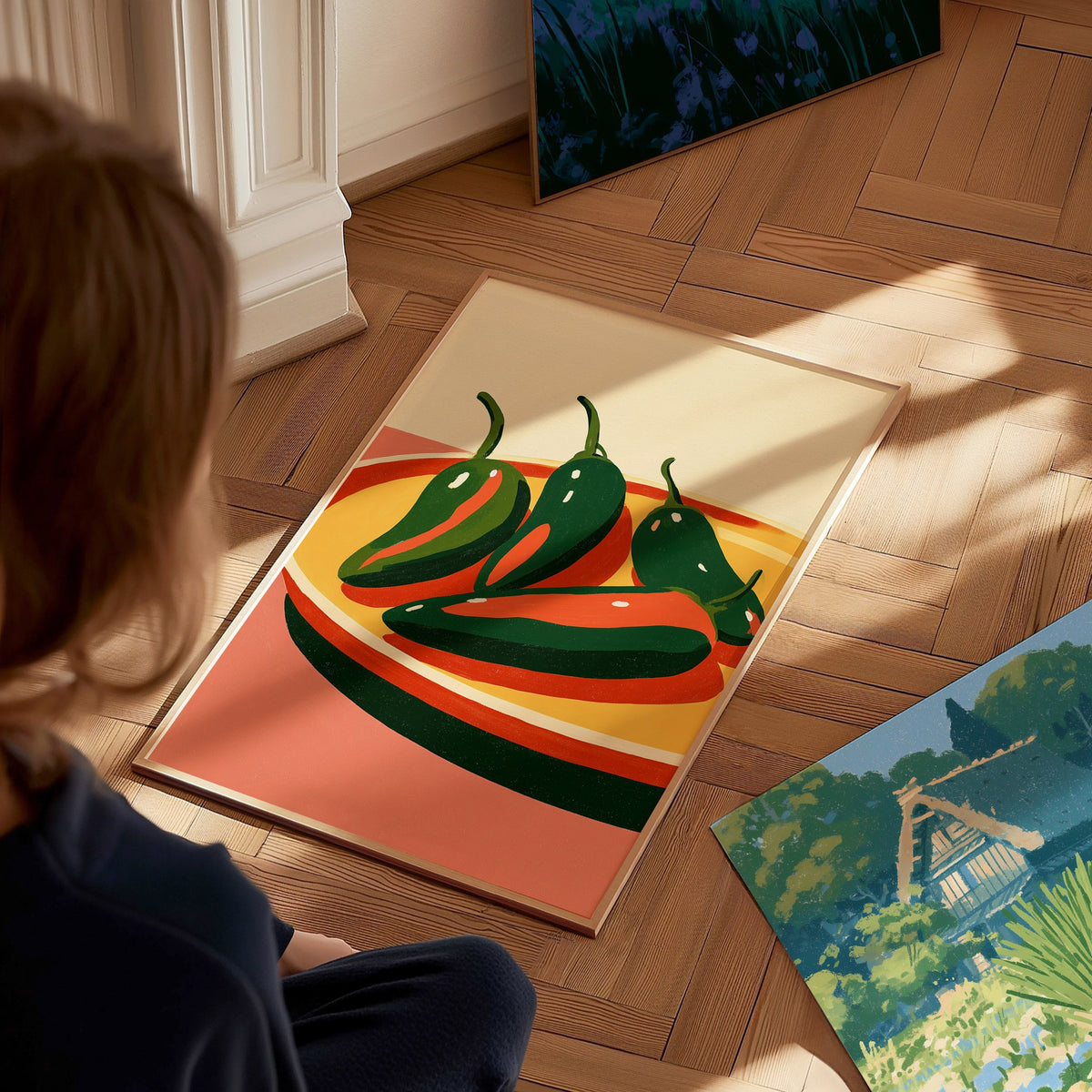 peppers-on-yellow-plate Poster | Yellow and Red Illustrative Art Print | Kitchen Wall Art — styled in an interior