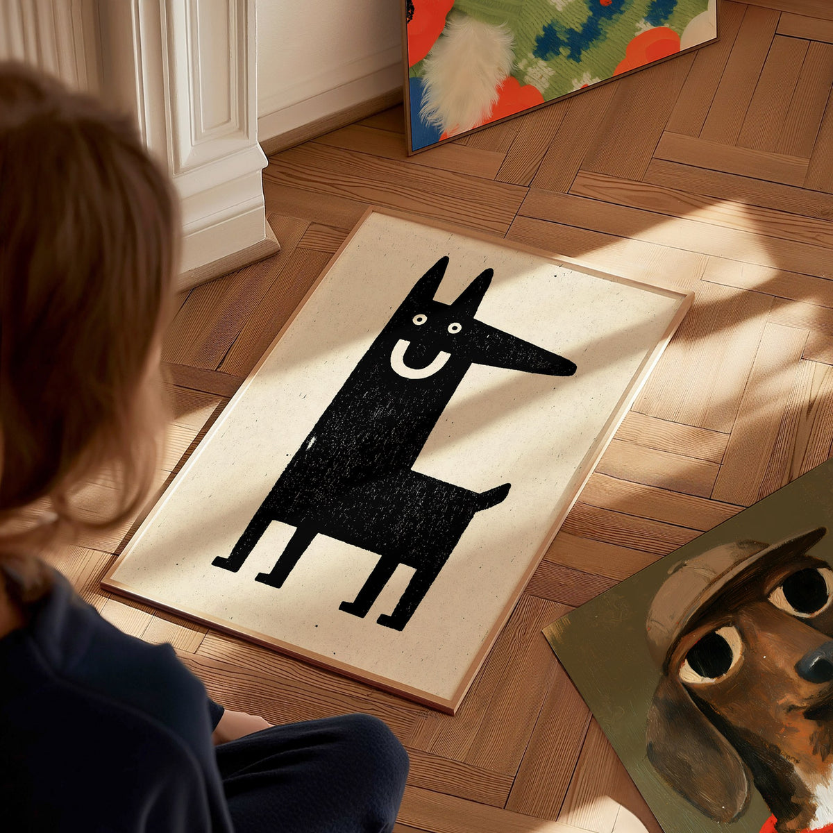 Grinning Dog Poster | Black and Cream Screen Print Art Print | Folk Art Wall Art — styled in an interior