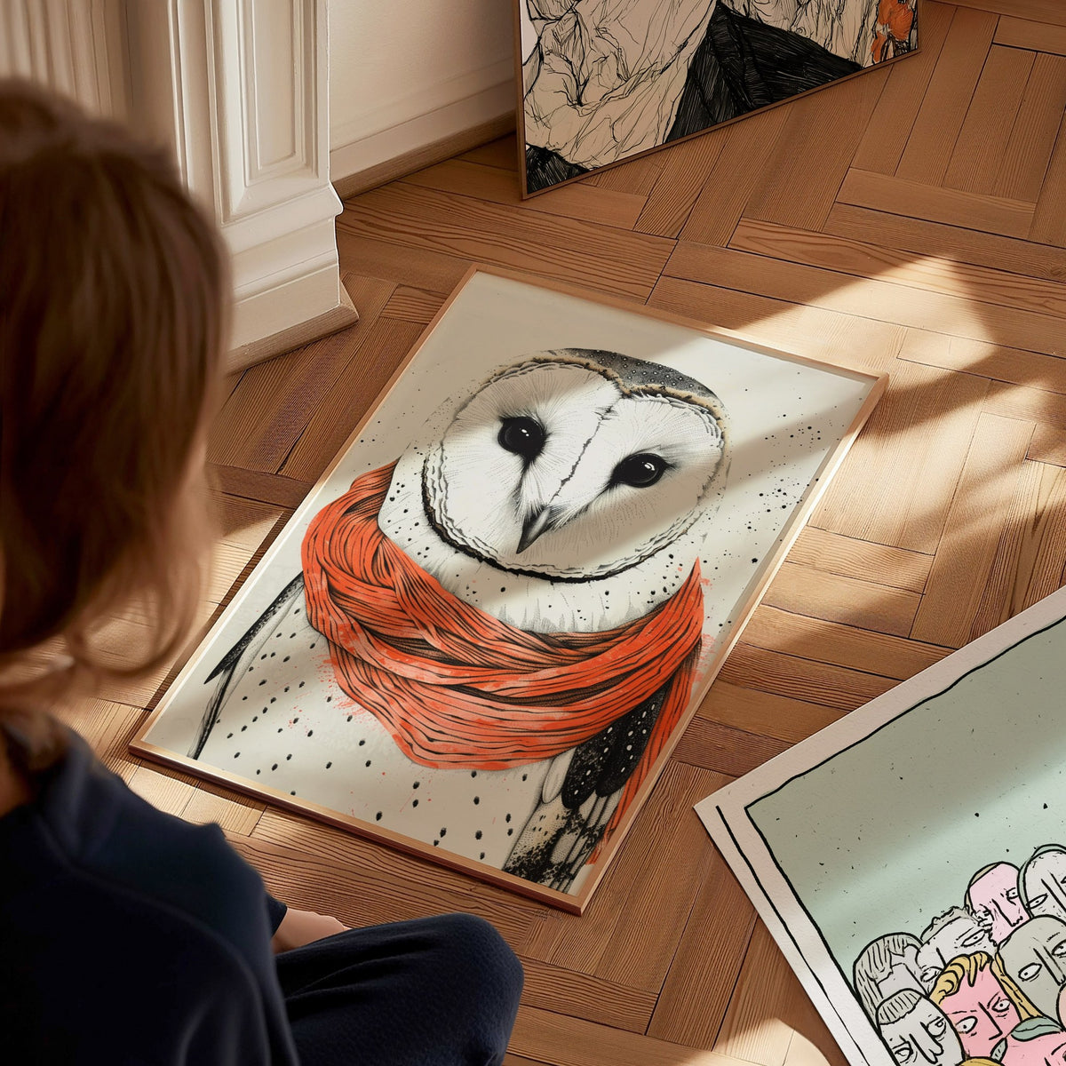 Owl in Scarf Poster | Black and Coral Pen and Ink Art Print | Cottagecore Wall Art — styled in an interior