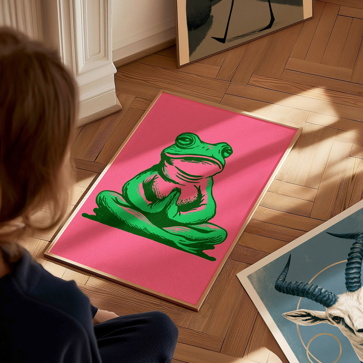 Toad Finds Peace Poster | Green and Pink Illustrative Art Print | Meditation Wall Art — styled in an interior