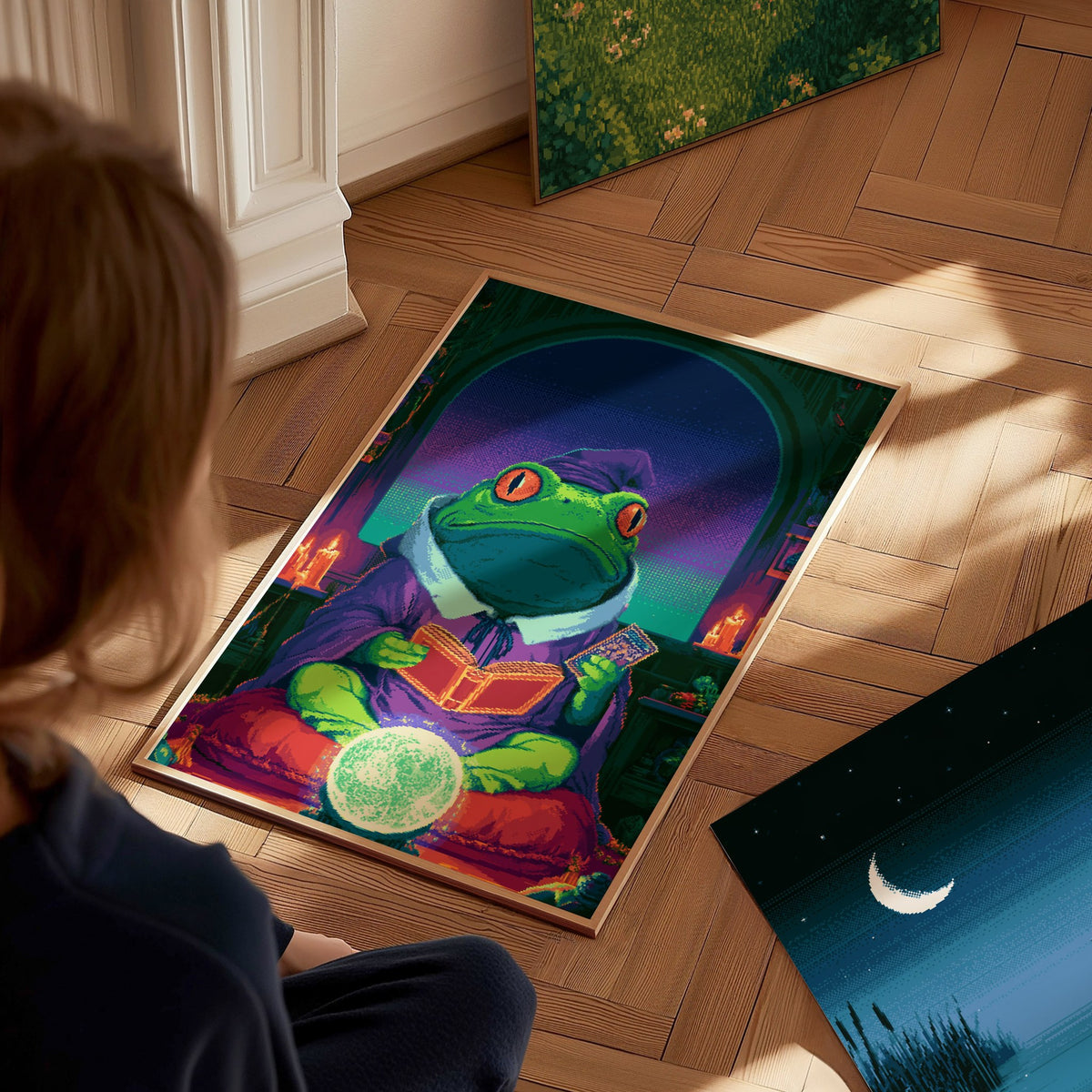 Frog Sees Fortune Poster | Purple and Teal Pixel Art Print | Dark Fantasy Wall Art — styled in an interior