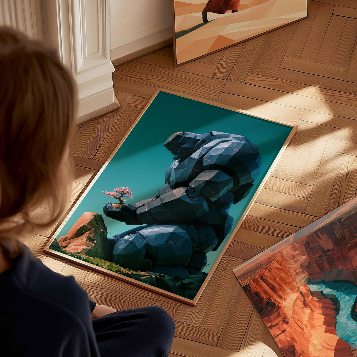 Golem Tends Blossom Poster | Navy and Teal Low Poly Art Print | Sci-Fi Wall Art — styled in an interior