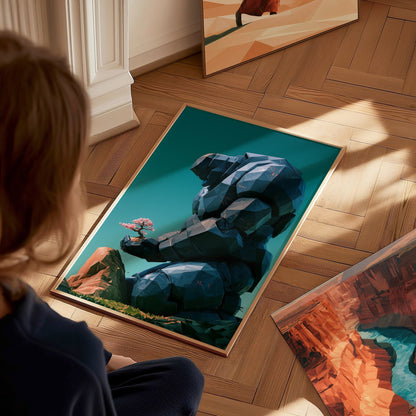Golem Tends Blossom Poster | Navy and Teal Low Poly Art Print | Sci-Fi Wall Art — styled in an interior