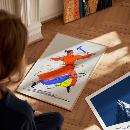 Dancer Breaks Free Poster | Pink and Orange Illustrative Art Print | Dance Studio Wall Art — styled in an interior