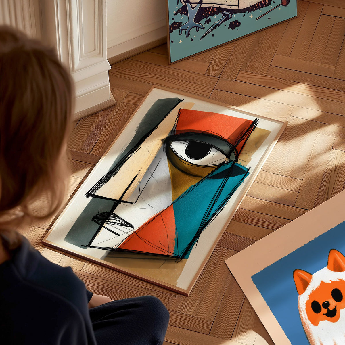 Fractured Gaze Poster | Teal and Burnt Illustrative Art Print | Modern Art Collectors Wall Art — styled in an interior