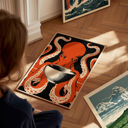 Breakfast Octopus Poster | Cream and Rust Screen Print Art Print | Kitchen Wall Art — styled in an interior