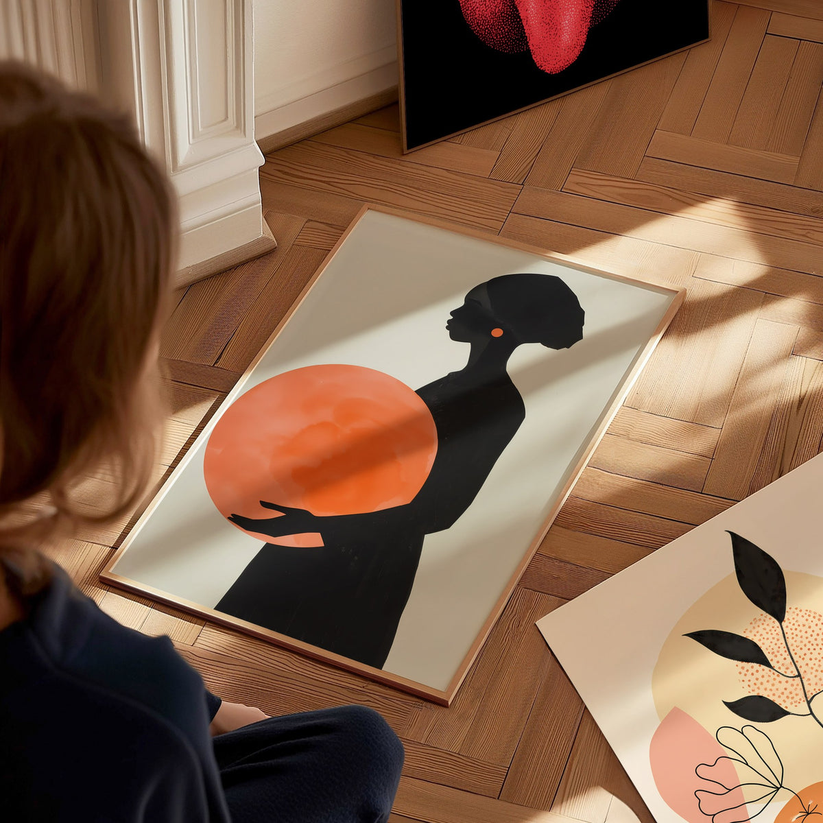 Woman with Orange Sphere Poster | Coral and Black Minimalism Art Print | Minimalist Wall Art — styled in an interior