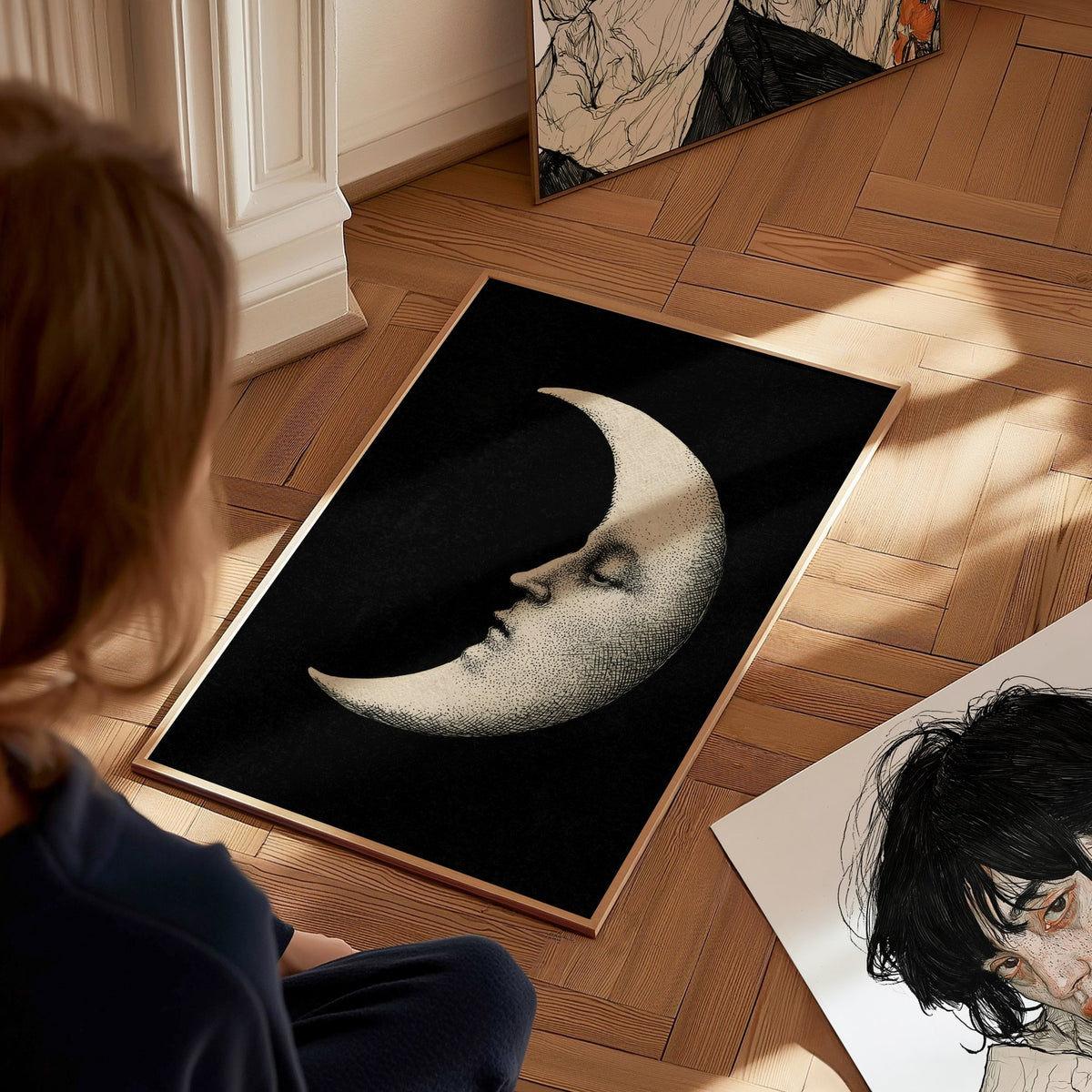Manuscript Moon Poster | Black and Cream Pen and Ink Art Print | Dark Academia Wall Art — styled in an interior