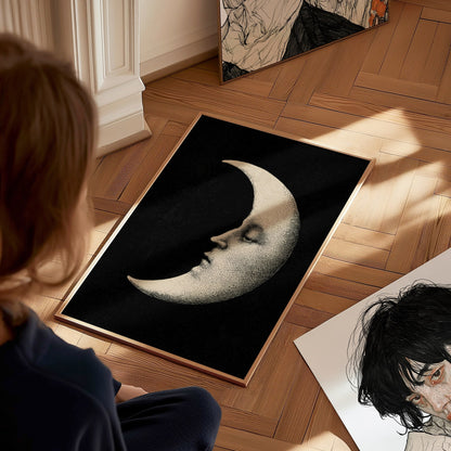 Manuscript Moon Poster | Black and Cream Pen and Ink Art Print | Dark Academia Wall Art — styled in an interior