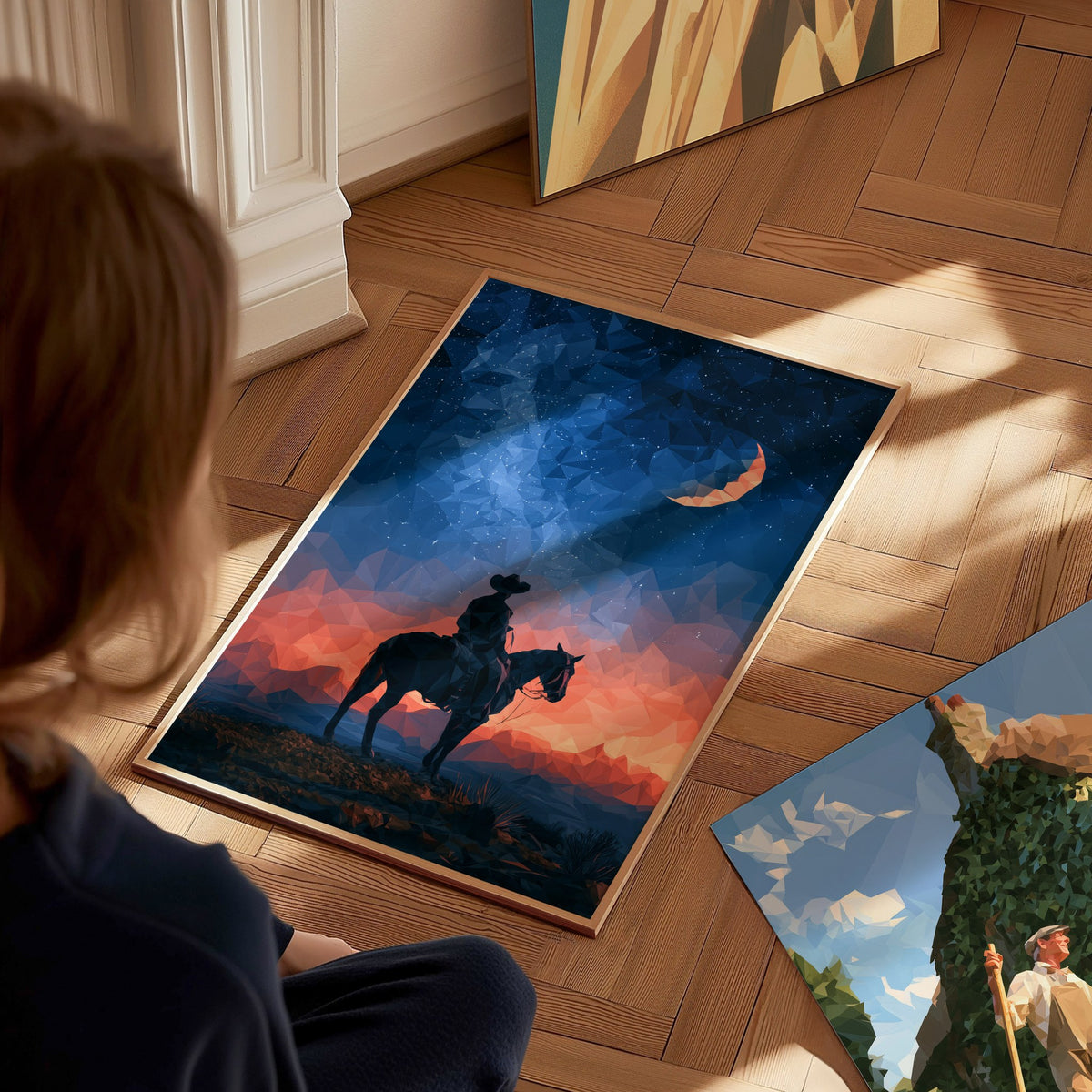 Cowboy Owns Night Poster | Deep Blue Low Poly Art Print | Western Modern Wall Art — styled in an interior