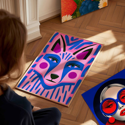 Fox Faces Forward Poster | Pink and Blue Illustrative Art Print | Kids Room Wall Art — styled in an interior