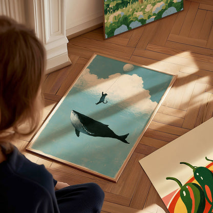 Cloud Fishing Poster | Blue and Cream Illustrative Art Print | Kids Room Wall Art — styled in an interior