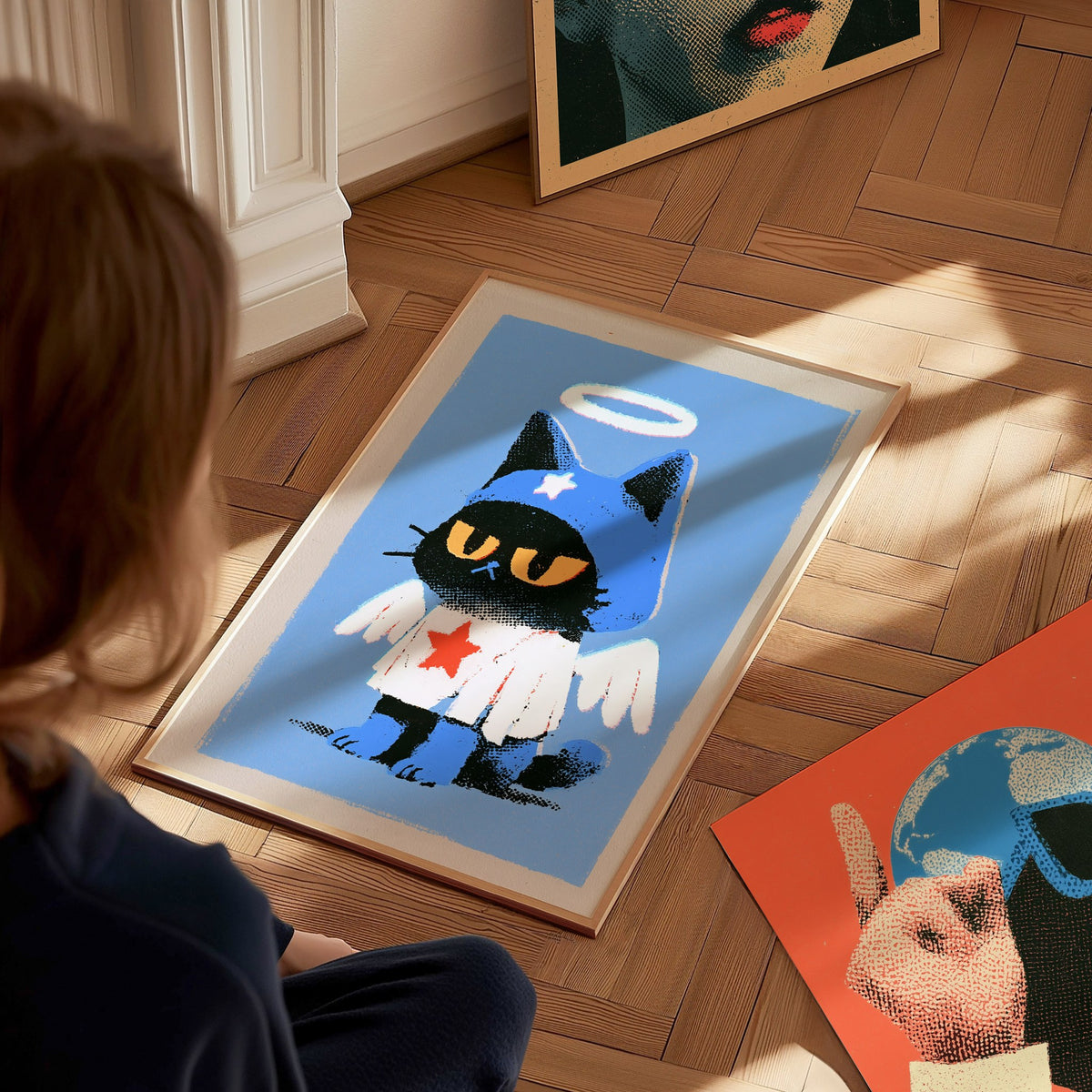 Angel Kitten Stands Poster | Blue and Orange Screen Print Art Print | Kids Room Wall Art — styled in an interior