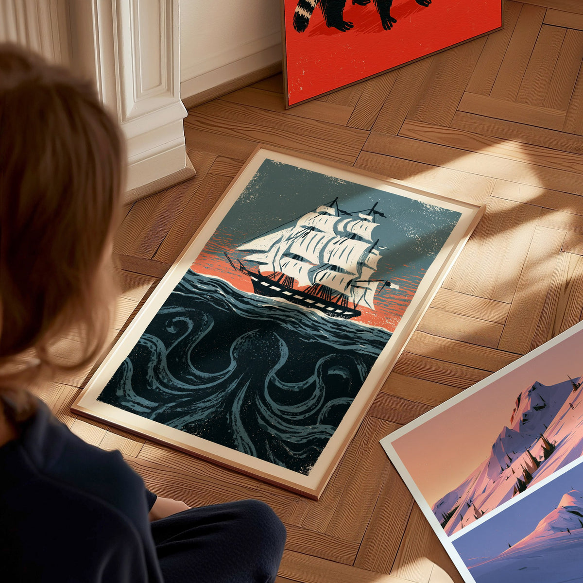 Kraken Under Sail Poster | Teal and Cream Illustrative Art Print | Nautical Folk Art Wall Art — styled in an interior