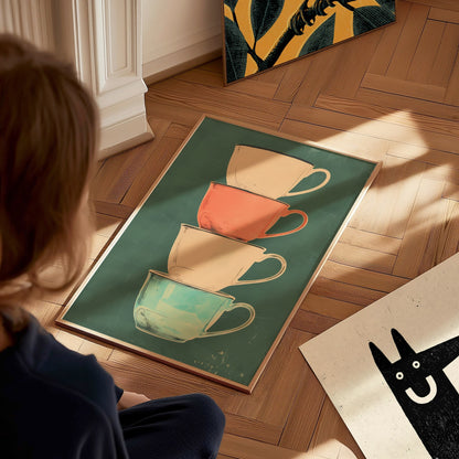 Stacked Teacups Poster | Coral and Teal Screen Print Art Print | Kitchen Wall Art — styled in an interior