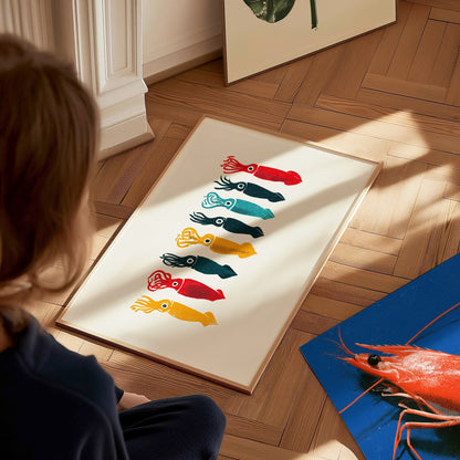 Five Squid Stack Poster | Multicolor Screen Print Art Print | Kitchen Wall Art — styled in an interior
