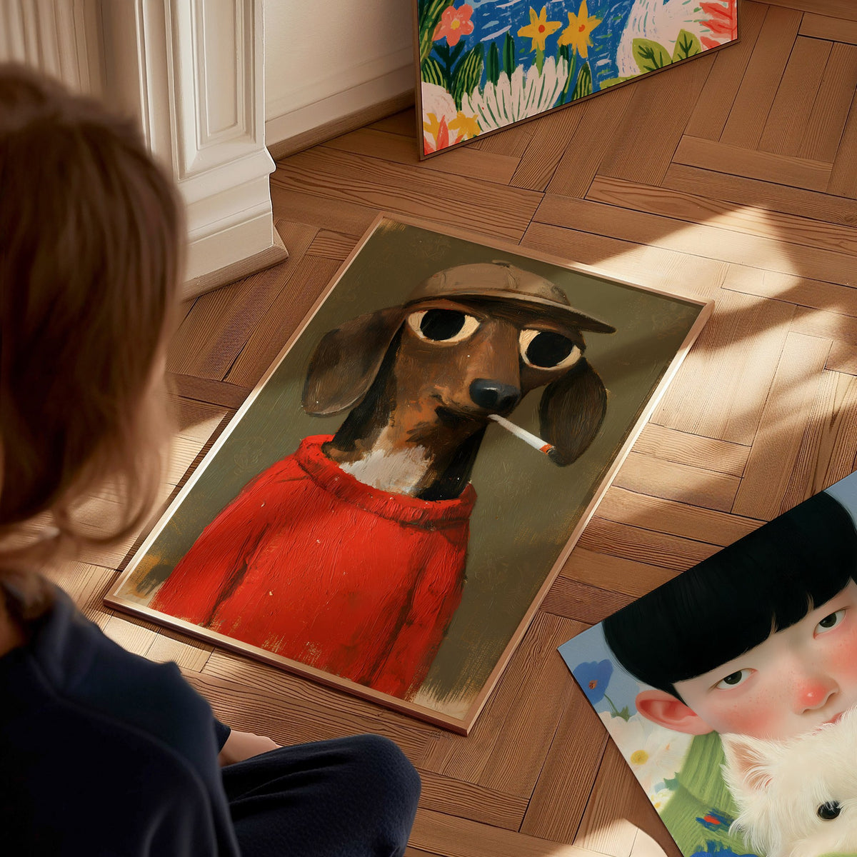 Dachshund In Red Poster | Red and Olive Oil Painting Art Print | Folk Art Wall Art — styled in an interior