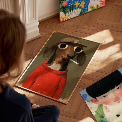 Dachshund In Red Poster | Red and Olive Oil Painting Art Print | Folk Art Wall Art — styled in an interior