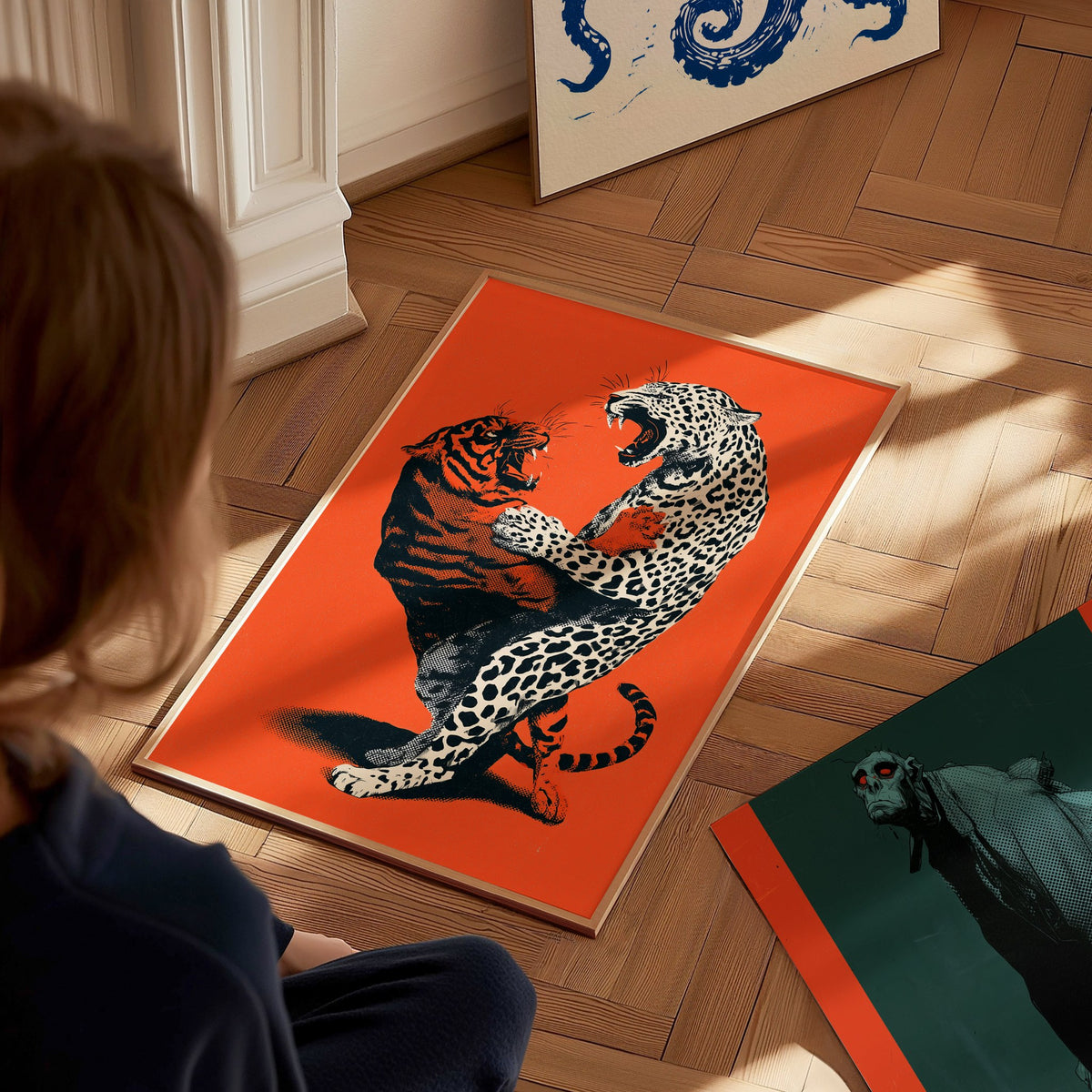 Leopard Battles Tiger Poster | Vermilion and Black Screen Print Art Print | Dark Fantasy Wall Art — styled in an interior