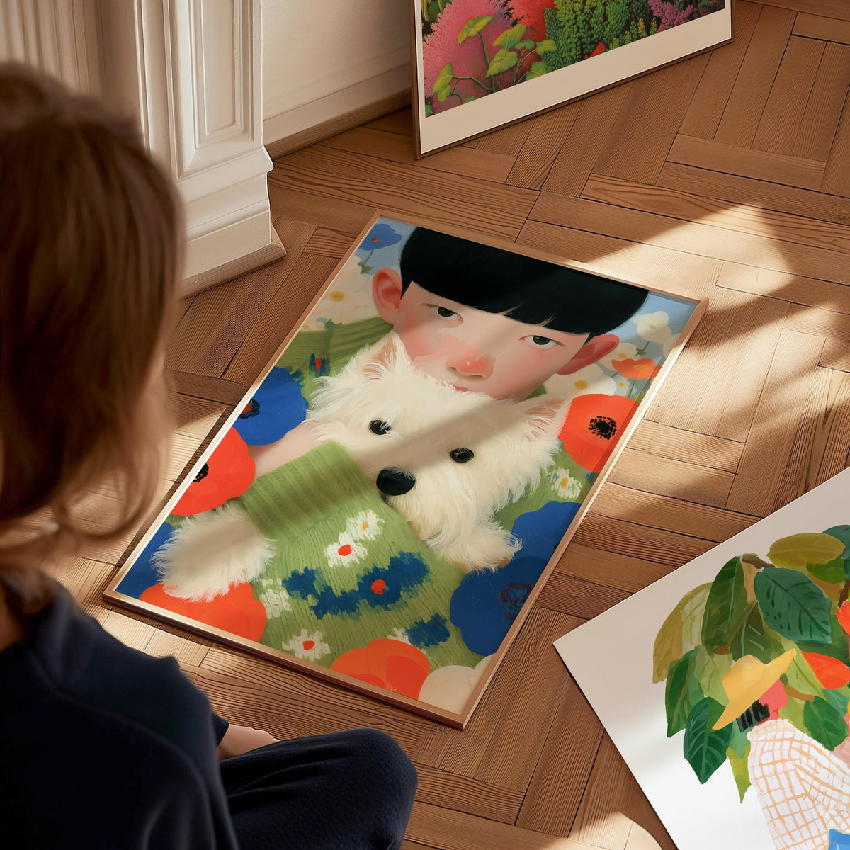 Boy With Westie Poster | Blue and Green Illustrative Art Print | Contemporary Wall Art — styled in an interior