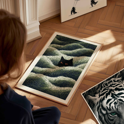 Cat Lurks Deep Poster | Green and Black Pen and Ink Art Print | Dark Fantasy Wall Art — styled in an interior