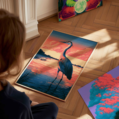 Heron Walks Dusk Poster | Coral and Slate Pixel Art Print | Retro Gaming Wall Art — styled in an interior