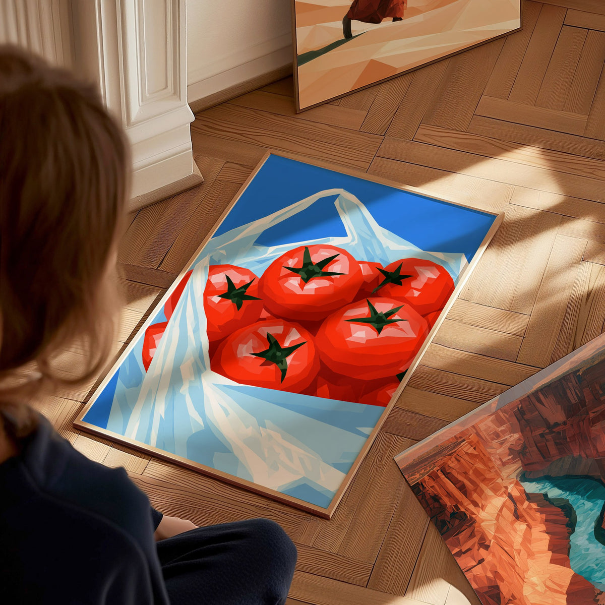 Tomatoes Coming Home Poster | Cobalt and Red Low Poly Art Print | Kitchen Wall Art — styled in an interior