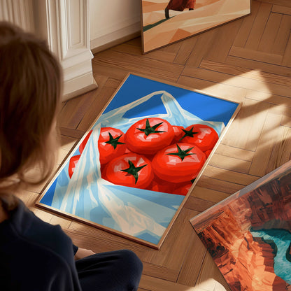 Tomatoes Coming Home Poster | Cobalt and Red Low Poly Art Print | Kitchen Wall Art — styled in an interior