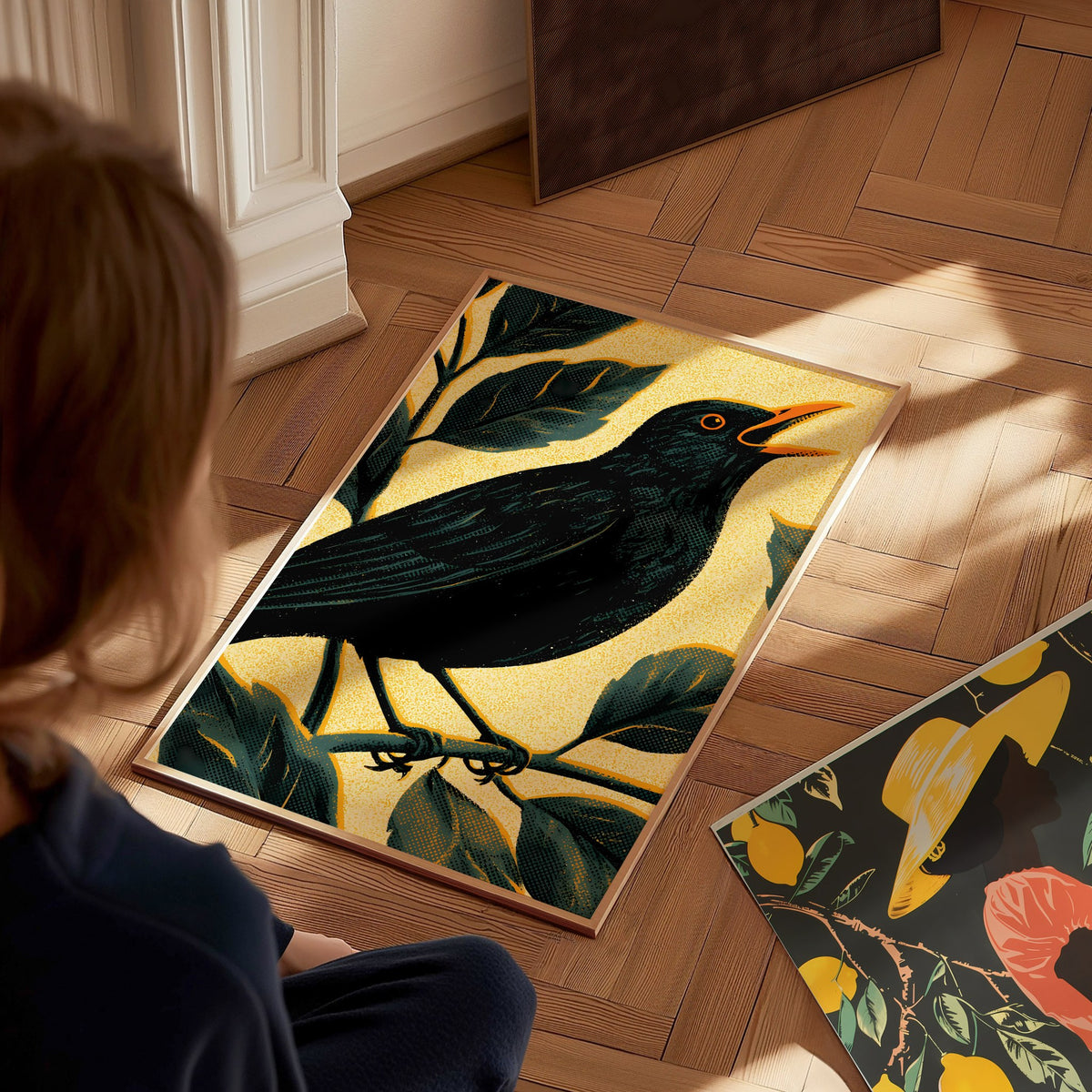 Blackbird in Gold Poster | Gold and Black Screen Print Art Print | British Garden Wall Art — styled in an interior