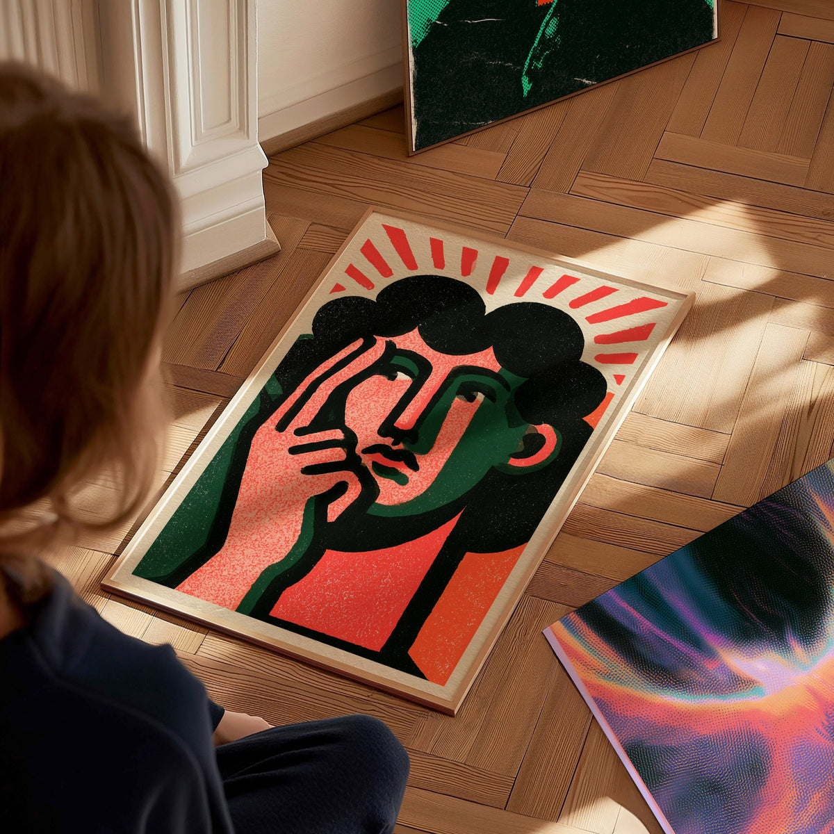 Thinker Touches Temple Poster | Coral and Green Screen Print Art Print | Modernist Wall Art — styled in an interior