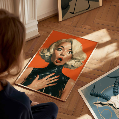 She Just Heard Poster | Orange and Black Illustrative Art Print | Pop Art Wall Art — styled in an interior