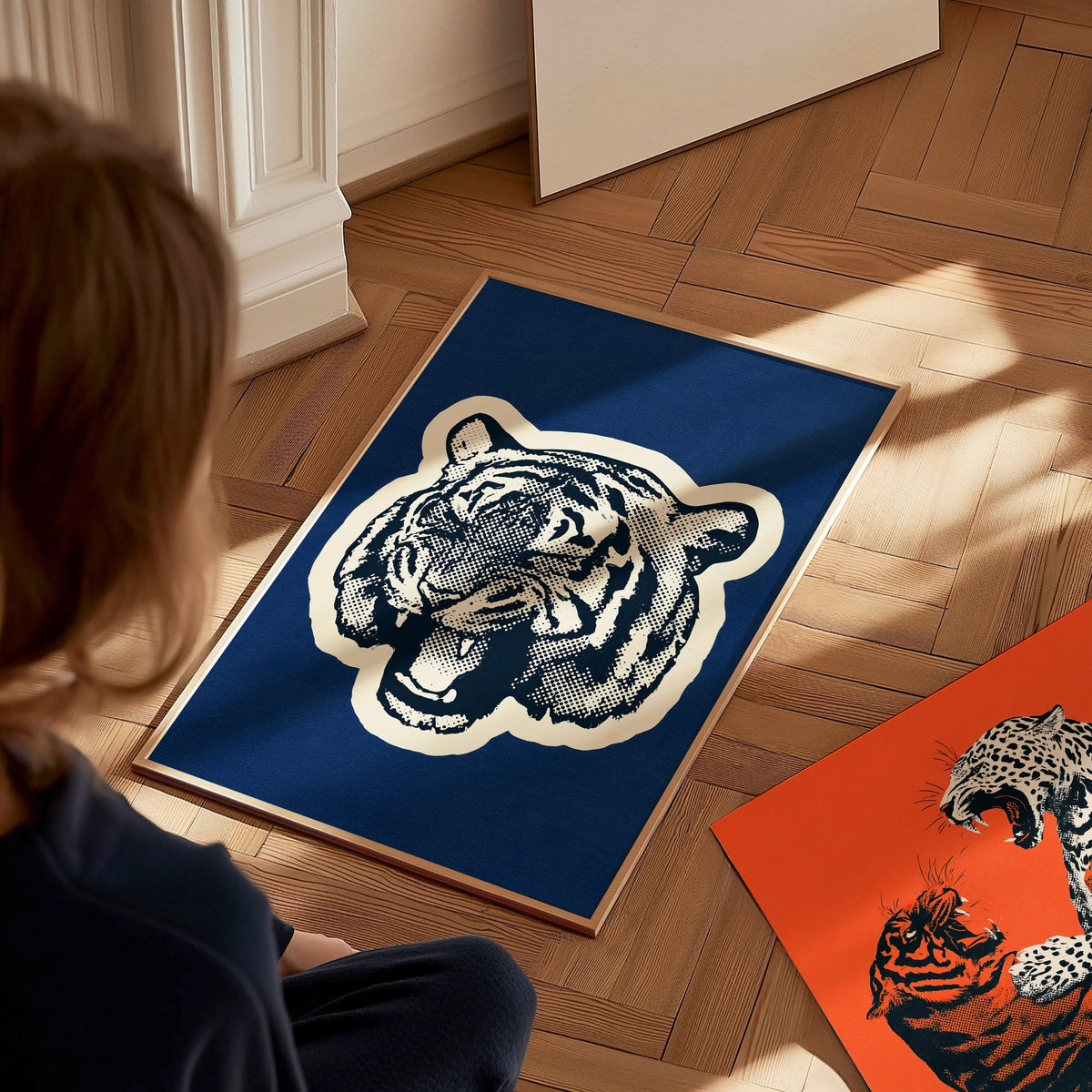 Tiger Roars Blue Poster | Navy and Cobalt Screen Print Art Print | Mid-Century Wall Art — styled in an interior