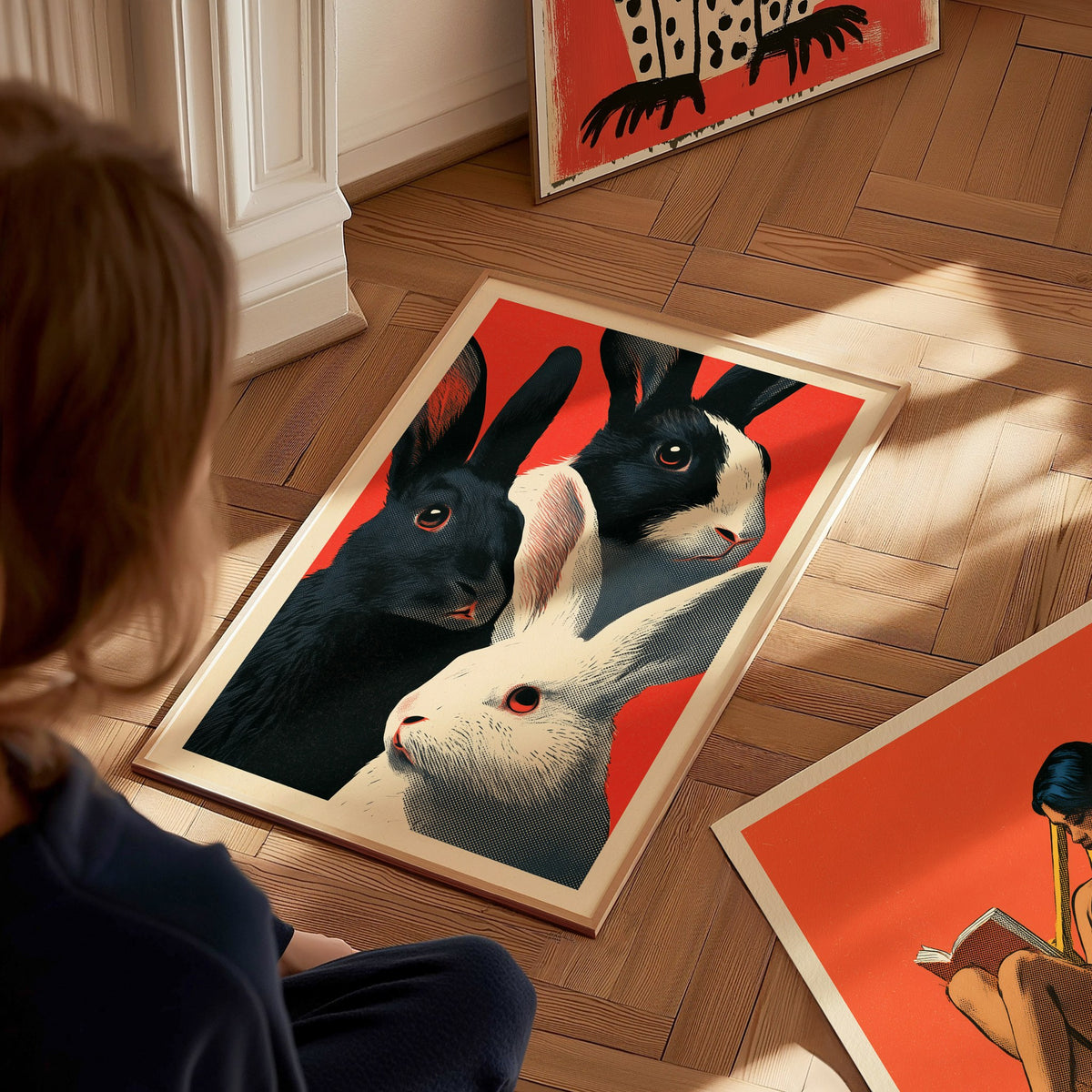 Tuxedo Rabbits Yellow Poster | Mustard and Black Screen Print Art Print | Animal Advocacy Wall Art — styled in an interior