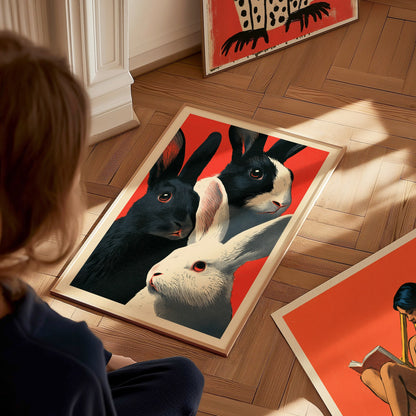 Tuxedo Rabbits Yellow Poster | Mustard and Black Screen Print Art Print | Animal Advocacy Wall Art — styled in an interior