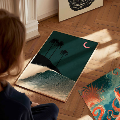 Moon Breaks Wave Poster | Green and Pink Screen Print Art Print | Surf Wall Art — styled in an interior