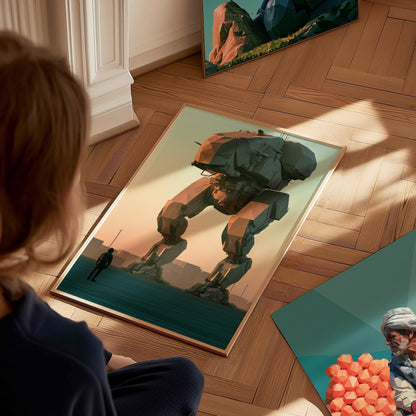 Mech Waits Dawn Poster | Teal and Orange Low Poly Art Print | Sci-Fi Wall Art — styled in an interior