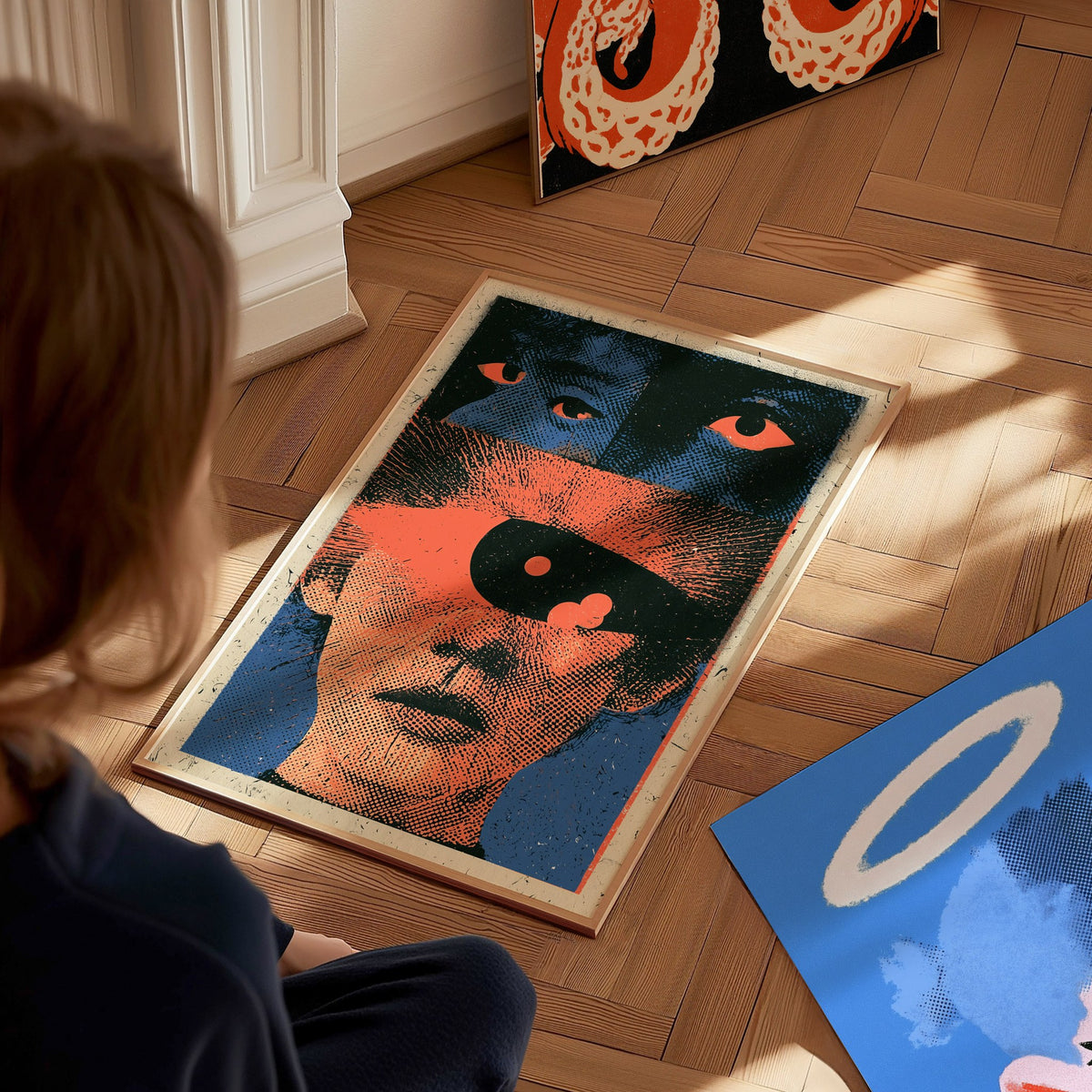 Two Faces Watching Poster | Coral and Teal Screen Print Art Print | Alternative Wall Art — styled in an interior