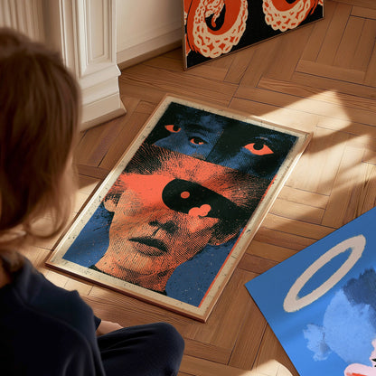 Two Faces Watching Poster | Coral and Teal Screen Print Art Print | Alternative Wall Art — styled in an interior