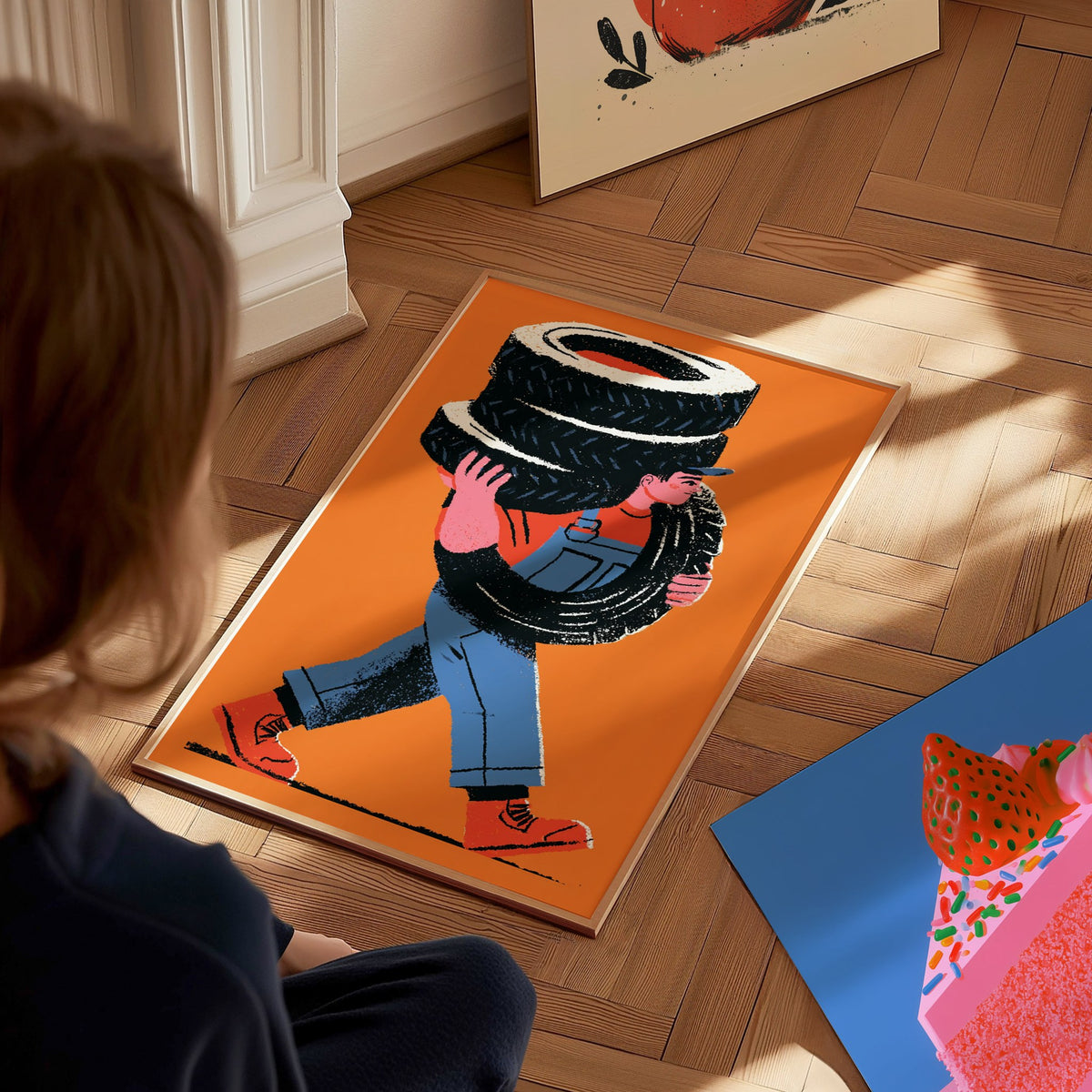 Mechanic Carries Tires Poster | Orange and Blue Illustrative Art Print | Workshop Wall Art — styled in an interior