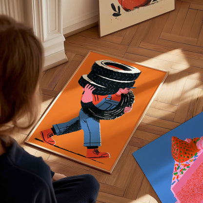 Mechanic Carries Tires Poster | Orange and Blue Illustrative Art Print | Workshop Wall Art — styled in an interior