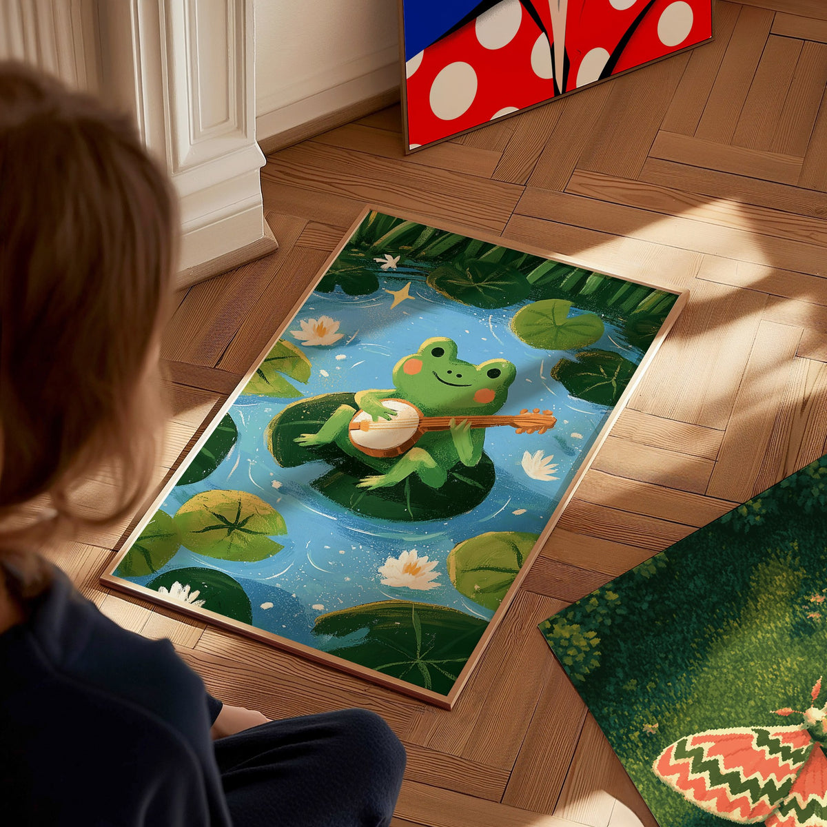 Frog Plays Banjo Poster | Lime and Teal Cute Art Print | Kids Room Wall Art — styled in an interior