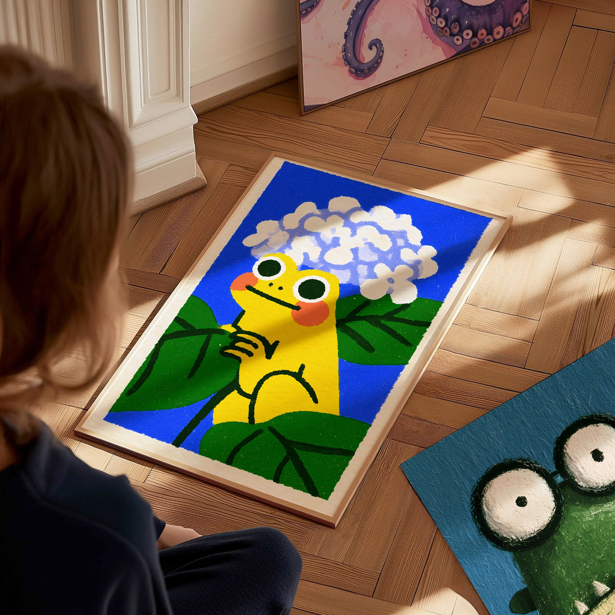 Toad with Hydrangeas Poster | Yellow and Periwinkle Illustrative Art Print | Kids Room Wall Art — styled in an interior