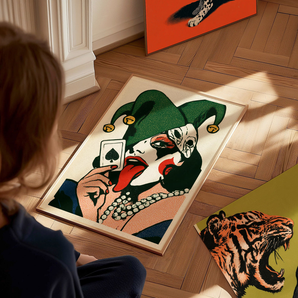 Joker Licks Ace Poster | Green and Red Screen Print Art Print | Dark Fantasy Wall Art — styled in an interior